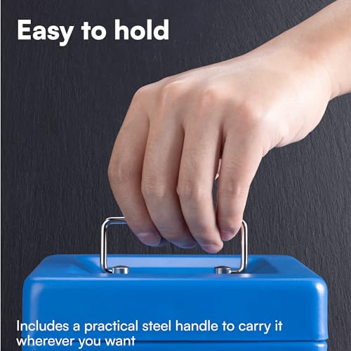 Image of H&S Lockable Cash Box with Key - Black Cash Box in Small with 2 Keys - for Notes with Coin Compartment for Money Storage - Money Box Cash Box with Lock - Blue
