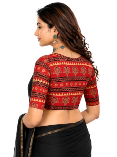 Image of Mogsa Women's Kalamkari Print Cotton Stretchable V-Neck Readymade Saree Blouse | Soft Cotton Blend | Stretch Fabric | Ready-to-Wear