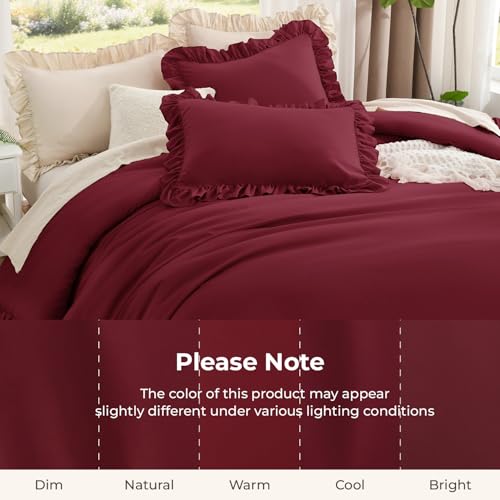Image of Litanika Burgundy Twin Size Comforter Sets, 2 Pieces Ruffle Farmhouse Aesthetic Bedding Comforter Sets, All Season Soft Lightweight Fluffy Microfiber Bed Set(66x90In Comforter, 1 Pillowcase)