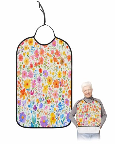 Onekaccu Orange Yellow Flower Adult Bibs for Elderly Women Men Washable Bibs for Eating, Purple Turquoise Red Tulip Daisy Waterproof Clothing Protectors Adult Bibs with Crumb Catcher