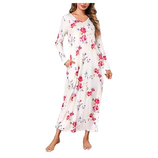 Sykooria Nachthemd Damen Lang Baumwolle Gestreifter Nachtkleid Morgenmantel Stillnachthemd Sleepwear mit Taschen, Weißer Druck, XXL