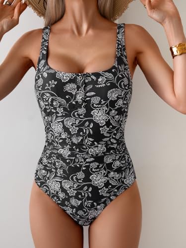 Image of B2prity One Piece Swimsuit for Women Tummy Control Ruched Slimming Bathing Suit Button Full Coverage Swimwear