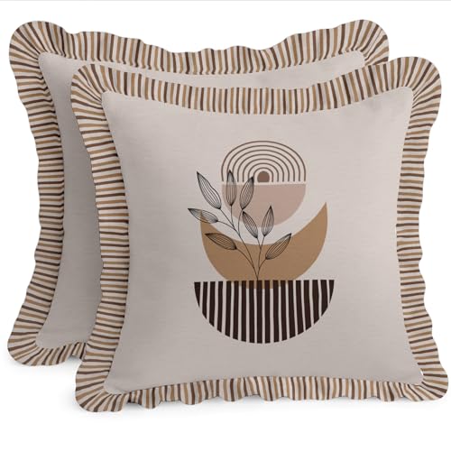 Vargottam Farmhouse Style Frill Pillow Covers 16x16 Cotton Cushion Covers Set of 2, Boho Pattern, Double Side Printed, Zipper Closure