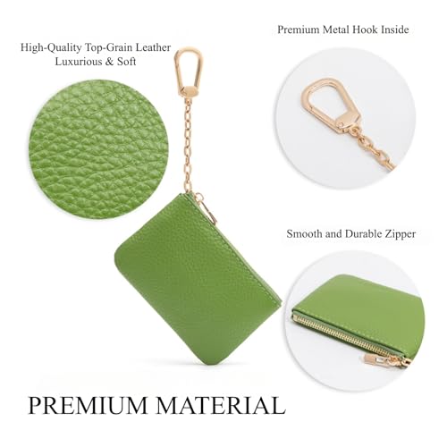 Image of Full Grain Leather Coin Purse with Key Chain - Small Change Purse Keychain Card Holder Keychain Pouch Small Keychain Wallet for Women and Men (Grass Green)