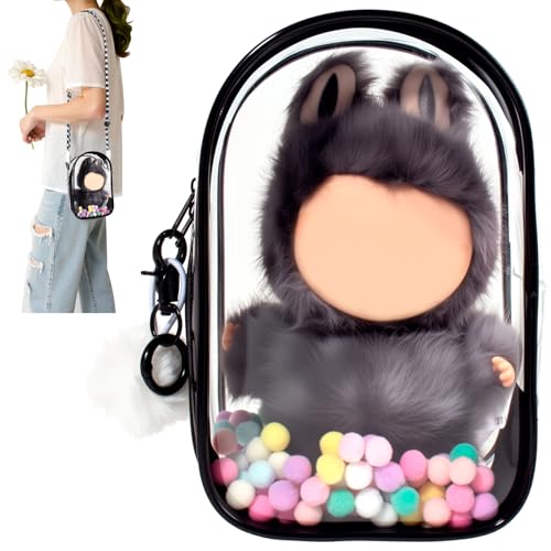 Image of Clear Figure Display Bag with Keychain for Doll, Protective Case for Plush Doll, Clear Hanging Display Cases, Crossbody Doll Storage Bag, PVC Storage Case Cover for Figures Dolls (Black, Middle)