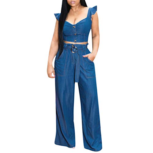 MoonHome Women 2 Piece Jumpsuits Outfits Jeans V Neck Sleeveless Crop Tops Tied Waist Wide Long Leg Pants Denim Rompers