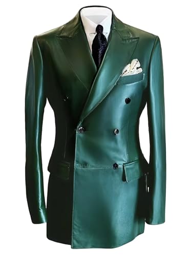 JBAWIE Fashion Men's Leather Coat Wide Peak Lapel Jacket Emerald Green Blazer Double Breasted Prom Tuxedos for Evening Party Size 46