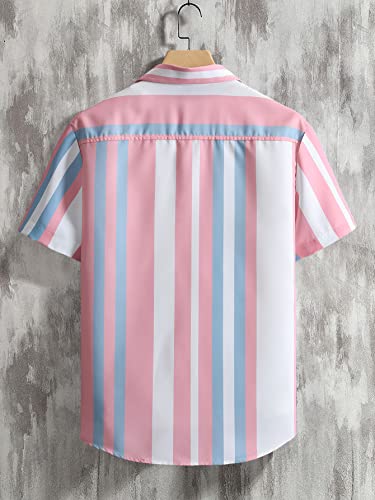 GORGLITTER Men's Beach Vacation Shirts Button Up Short Sleeve Color Block Striped Collar Tops Shirts2