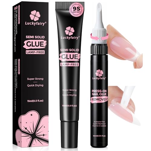 Image of Luckyfairy 15g Nail Glue for Press Ons with 10ml Nail Glue Remover, Quick Dry Super Strong Semi Solid Glue, No Need Lamp Cured & Tools, Gentle Glueoff Non-Acetone Nail Polish Remover
