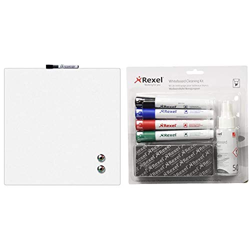 Rexel Pizarra Magnética Individual, 360X360Mm, Diseño Cuadrado, Blanco, 1903802 + Kit De Escritura Y Limpieza Para Pizarras De Borrado En Seco (Incluye 4 Rotuladores Y Spray Limpiador)