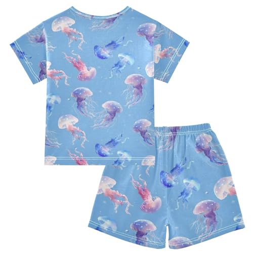 ALAZA Funny Fish Jellyfish Blue Pajamas Set Short Sleeve Cotton Sleepwear Summer Pjs 2 Piece 5-14Y2