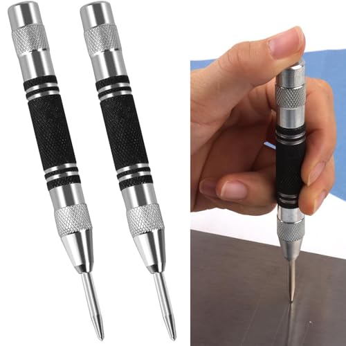 2 Pack Automatic Center Punch, 5 Spring Loaded Center Punch, Adjustable Tension,Drilling Holes Spring Loaded Center Hole Punch for Metal Wood Window Glass