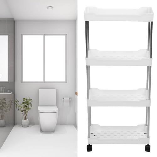 Fafeicy Wąskie Miejsce zsuń Wózek do Przechowywania, łatwy w Montażu Ruchomy 4 -poziomowy PP ze Stali Nierdzewnej Multi -Slim Slim Cosche do łazienki (WHITE)