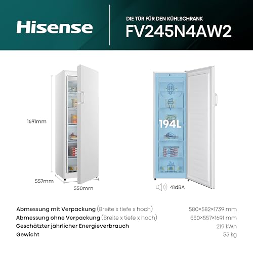 Hisense FV245N4AW2 Gefrierschrank/ TotalNoFrost/ SuperFreeze/ Türalarm/ BigBox/ 169,1 cm/ Gefrierteil 194 l/ 41 dB/ 219 kWh/ Jahr/ Inox-Look, Weiß