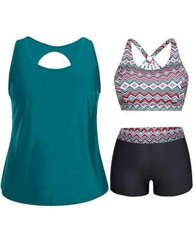 Image of Holipick Women Plus Size Swimsuits - Athletic 3 Piece Tankini with Shorts | Sports bikini top, high waist shorts, tank top, removable pads. Athletic style for water activties