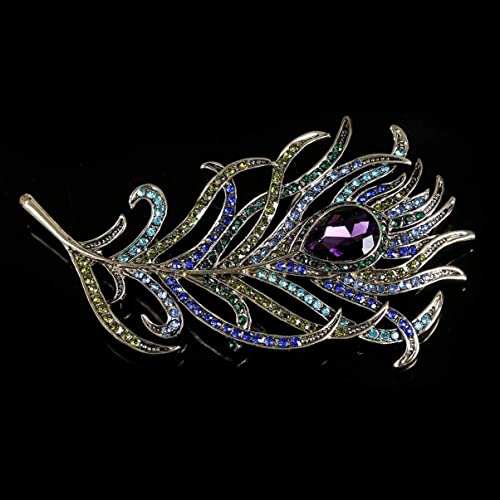 Image of Art Deco Peacock Feather Pin Brooch Great Fashion Jewelery Accessory with Multicolored Crystal Rhinestones for Women - Multicolored