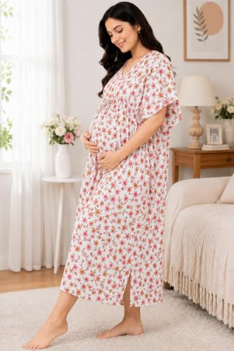 Image of Noty Women's- Kaftan | Maxi | Maternity | Feeding | Delivery Gown- Cotton Fabric- V Neck | Floral Print | 2 Pockets | Midi