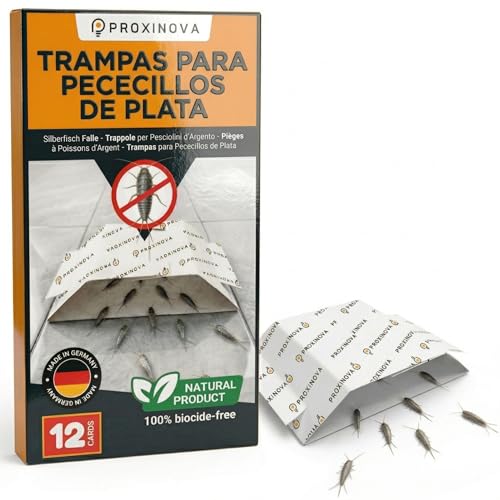 Proxinova Trampa Pececillos de Plata Insecticida Natural y Eficaz para Eliminar Pececillos de Plata - 12 Trampas Adhesivas Sin Biocidas para Baño Cocina Sótano Lepismas Monitor de Infestación 100%