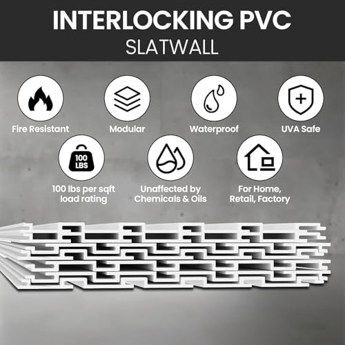 Noliven Slatwall Panel Wall Storage Systems, 4x8 ft Slat Wall Paneling Garage Wall Organizer with Five Hooks, Heavy Duty Wall Mounted PVC Wall Rack, White