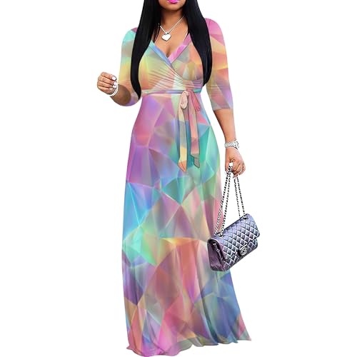 Image of SUZONANA Plus Size Dresses for Women Print Maxi Dresses Flowy 3 /4 Sleeve with Belt