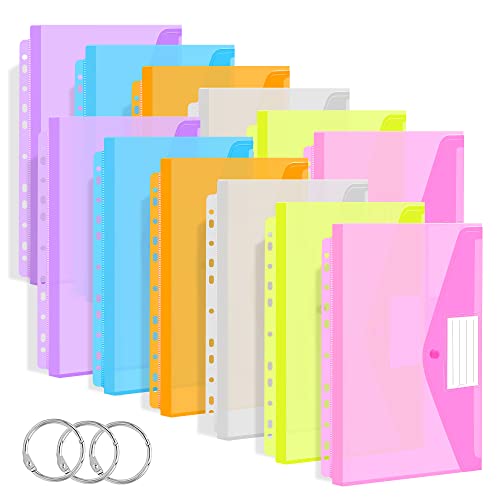 12 Pack Plastic Wallets A4 Plastic Folders with 3 Binder Rings, Punched Pockets A4 Polly Pockets Stationery, Colourful Document Files Popper Wallet for Ring Binder Folders, Lever Arch Files