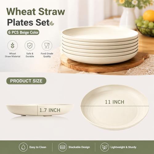Image of 11In Wheat Straw Camp Plates Set, 6PCS Deep Dinner Plates, Beige