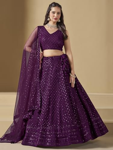 Image of Zeel Clothing Women's Sequins Thread Embroidered Georgette Lehenga Choli With Dupatta (5124-Women-Lehenga-Choli-New; Free size)