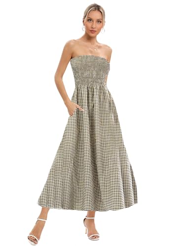Image of Aigeman Women Strapless Tube Maxi Dress Flowy Swing Long Beach Sundress Sleeveless Boho Summer Dress with Pokets 330