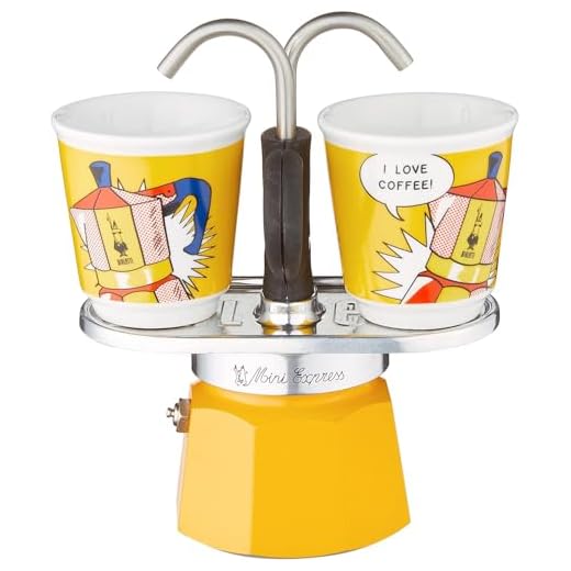 How To Make A Perfect Cup Of Coffee Using The Double Spout Stovetop Espresso Maker | Italian Coffee Machine Bialetti - Mini Express Lichtenstein: Moka Set includes Coffee Maker 2-Cup (2.8 Oz) + 2 shot glasses, Yellow, Aluminium