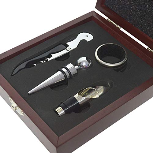 KIT PARA VINHO 4 PEÇAS COM SACA ROLHAS CAIXA MADEIRA
