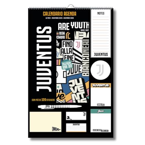 EURO PUBLISHING Calendario Agenda Juventus 2026 14 mesi - Prodotto ufficiale - cm 29x44 (composto da penna, block notes, stickers e foglietti adesivi)
