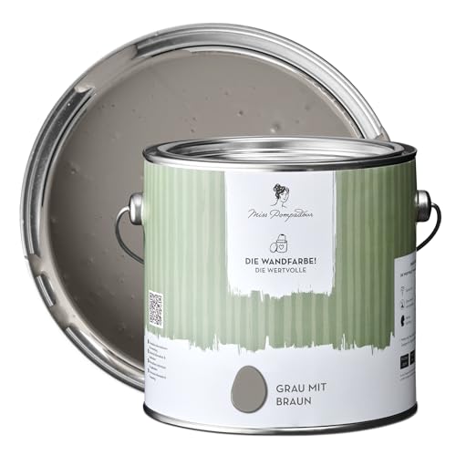 MissPompadour edelmatte Wandfarbe Grau mit Braun 2,5L - sehr hohe Deckkraft - geruchsneutrale, spritzfreie Farbe - atmungsaktive, wasserbasierte Innenfarbe/Deckenfarbe - Die Wertvolle
