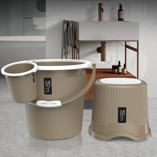 Image of KOLORR Luxe Bathroom Set (Bucket 25L x 1) + (Mug 1.5L x 1) + (Luxe Patla x 1)|Sturdy and Durable |Lightweight| Easy to Clean and Attractive Design|Pack of 3|Ratan LT Brown