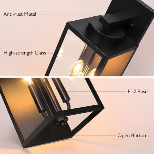 Image of BesLowe 19 inch Large Outdoor Wall Light, 3-Light Exterior Porch Sconce, Black | Waterproof, Rust-Resistant, Durable Metal with Clear Glass, Standard E12 Socket, Easy to Install