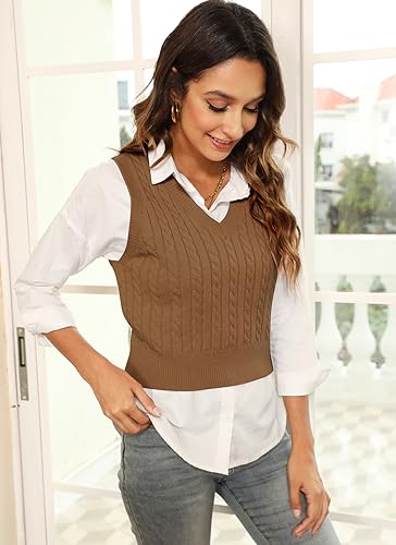 Image of HOCOSIT Women's Knitted V-Neck Vest Argyle Plaid Preppy Style Sleeveless Pullover Crop Sweater Vest