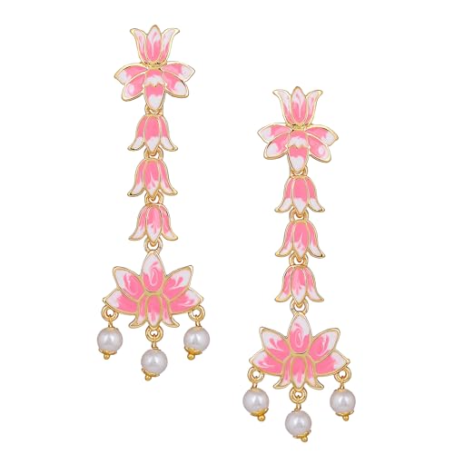 Estele Jewellery Fashion Earrings for Women Gold Plated Splendid Lotus Designer Pink and White Enamel Pearl Drop Earrings Versatile Chic for Women & Girls (B0CY89QBY3) Amazon Price History, Amazon Price Tracker
