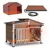 GUTINNEEN Large Heated Dog House Insulated Outdoor Weatherproof Dog Kennel with Safe Heating Pad, Chew-Proof Metal Frame, Rotatable Spill-Proof Bowl for Medium to Large Dog Breeds (Light Brown)