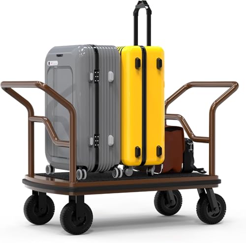 Hotel Luggage Cart,Heavy Duty Bellman Cart -8" Silent Pneumatic Wheels,Nylon Carpet and Deck Bumper Rails,Brushed Stainless Steel Hotel Luggage Trolley Weight Capacity Up to 850LBS for Hotel/Resort