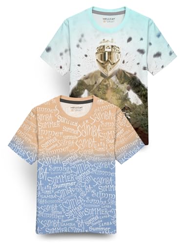 Image of HELLCAT Trendy Front & Back Graphic Printed Cotton Blend Half Sleeve Premium Round Neck Tshirt for Boys - Pack of 2