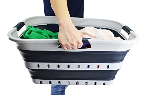 SAMMART 42L Faltbarer Wäschekorb aus Kunststoff - Faltbarer Pop-Up-Aufbewahrungsbehälter/Organizer - Tragbarer Wäschekorb - Platzsparender Wanne (1, Grau/Schiefergrau)