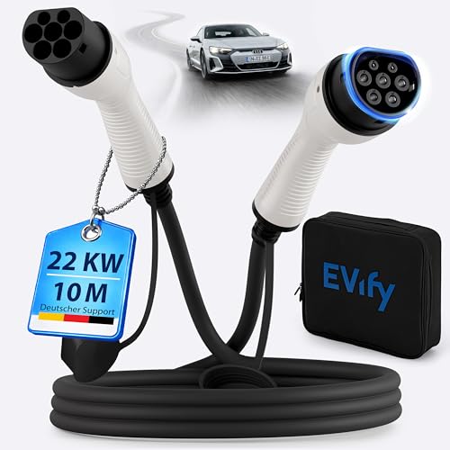 EVify Typ 2 Ladekabel 22kW 10M 32A für Elektroauto & Hybrid inkl. Kabeltasche Kabel 3 phasig für EV PHEV geeignet für alle E Autos Modell 3 S X Y ID3 ID4 ID5