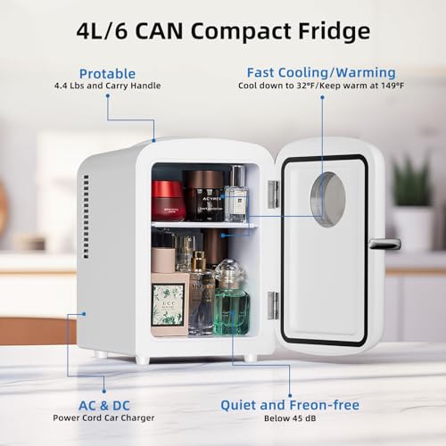 Image of Antarctic Star Compact Mini Fridge, 4L Capacity /6 Cans Portable Cooler and Warmer Compact Refrigerator, for Bedroom,Car,Office and Dorm, Small Cooler and Warmer for Cosmetics, Beverage and Food, White