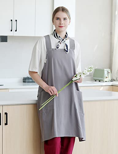 Apronner Cross Back Linen Aprons For Women With Pockets Blend Dress For Baking Cooking Gardening Works Grey #TOP2