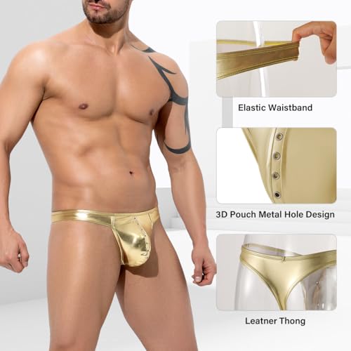 Casey Kevin Men's Sexy Thong Underwear Metallic Leather Shiny G-String Bulge Pouch Biniki Underwear2