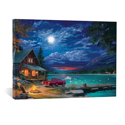 Lake Cabin Night Scene LED Wall Art – 24x18in Lighted