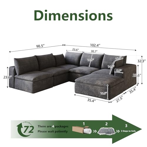 Image of 103 inch Cloud Couch Modular Sectional Sofa for Living Room, U-Shape Boneless Couch with Deep Seat, Modern Corduroy 5-Seater with Ottoman, No Assembly Required, Dark Grey
