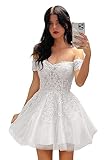Basgute Lace Applique Short Homecoming Dresses for Teens White Glitter Tulle Mini A Line Petite Embroidered Formal Prom Evening Party Cocktail Gown US0