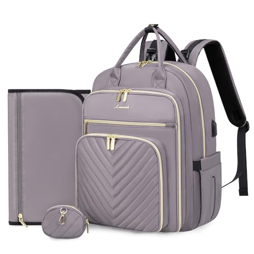 Image of LOVEVOOK Diaper Bag Backpack, Quilted Baby Bag with Changing Pad & Pacifier Holder, Waterproof Travel Diaper Bags with USB Charging Port, Functional Durable Large Capacity, Purple Gray