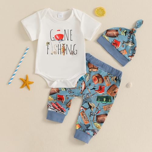 Image of Amnnchya Newborn Baby Boy Clothes Fishing Short Sleeve Romper Shirt Tops Pants Summer Spring Outfits Cute Hat Set
