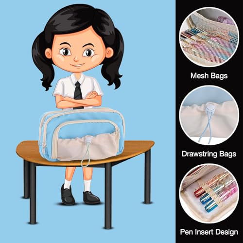 Image of Mrsdry Pencil Pouch for Girls - Multiple Compartment Zipper Pouch with Drawstring Pocket, Aesthetic Kawaii Pencil Case, Cute Pouches, Return Gift for Kids (Blue)